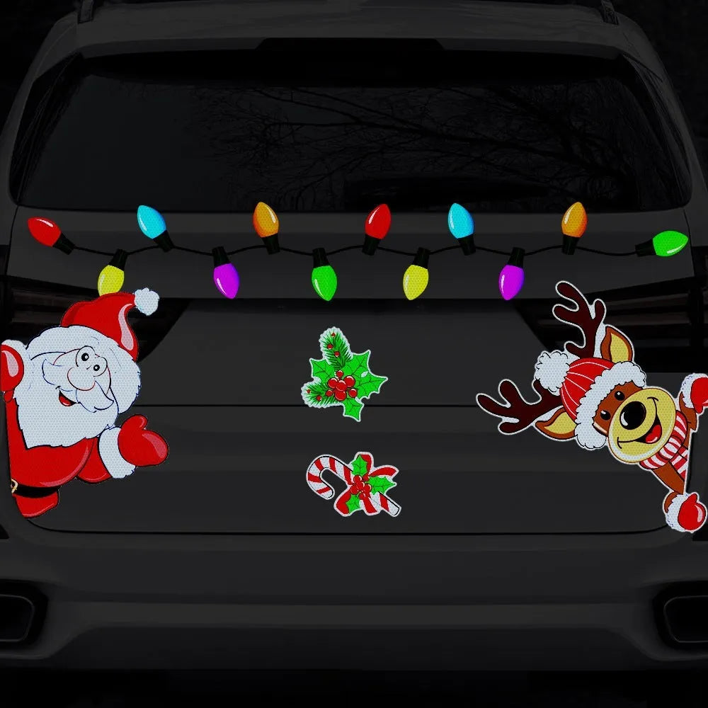 Christmas elk cartoon design reflective magnetic sticker on a metal surface.