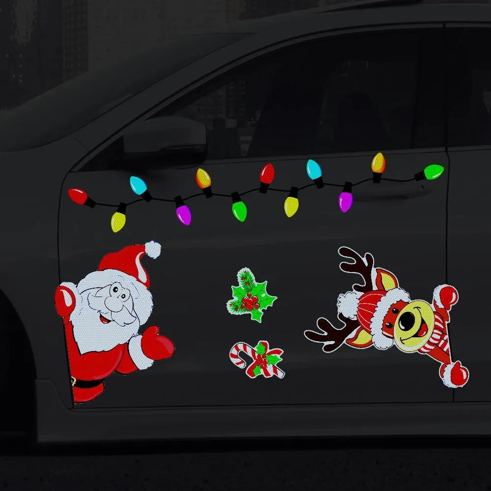 Christmas elk cartoon design reflective magnetic sticker on a metal surface.