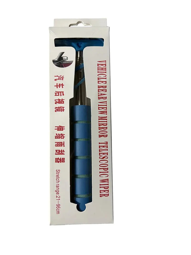 Retractable car rearview mirror wiper showing extended and compressed lengths with rubber blade