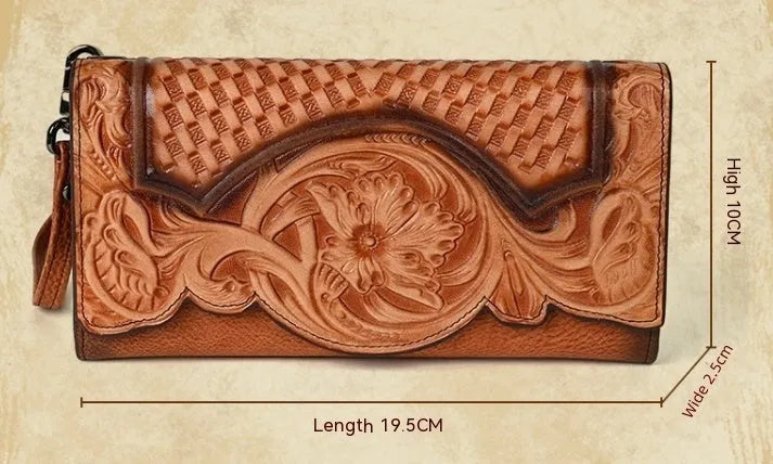 Women's brown tri-fold leather wallet with embossed floral pattern, shown open to reveal compartments.