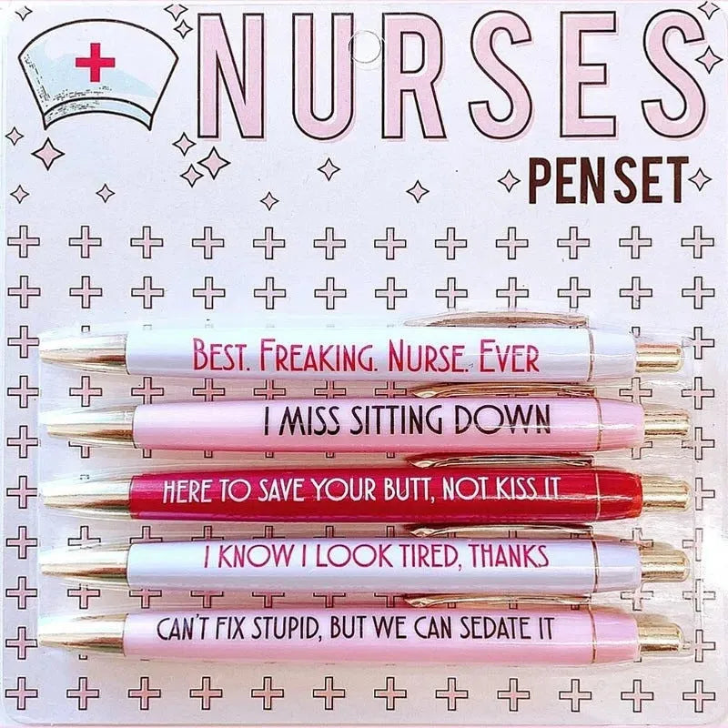 Five nurse-themed plastic ballpoint pens with retractable tips, measuring 14cm in length