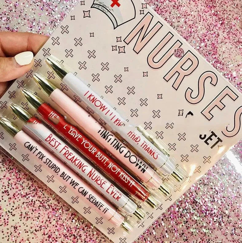 Five nurse-themed plastic ballpoint pens with retractable tips, measuring 14cm in length