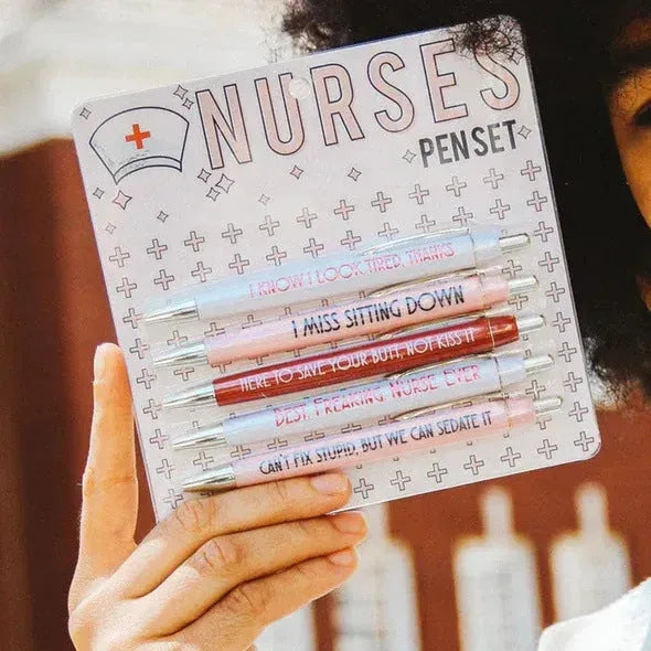 Five nurse-themed plastic ballpoint pens with retractable tips, measuring 14cm in length
