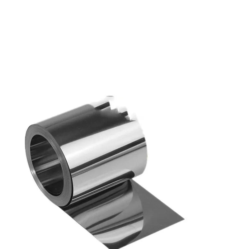 Close-up of a rolled 304 stainless steel strip with leather backing, showing various thickness and width options on a workshop bench.