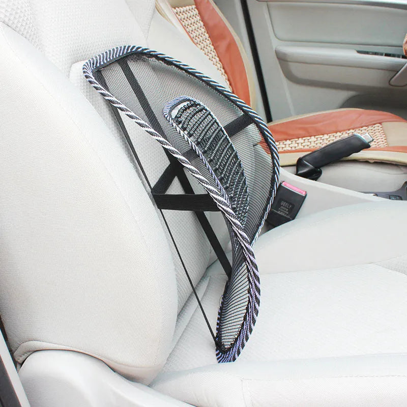 Black lumbar support pillow for car seat measuring 41 by 39 centimetres.