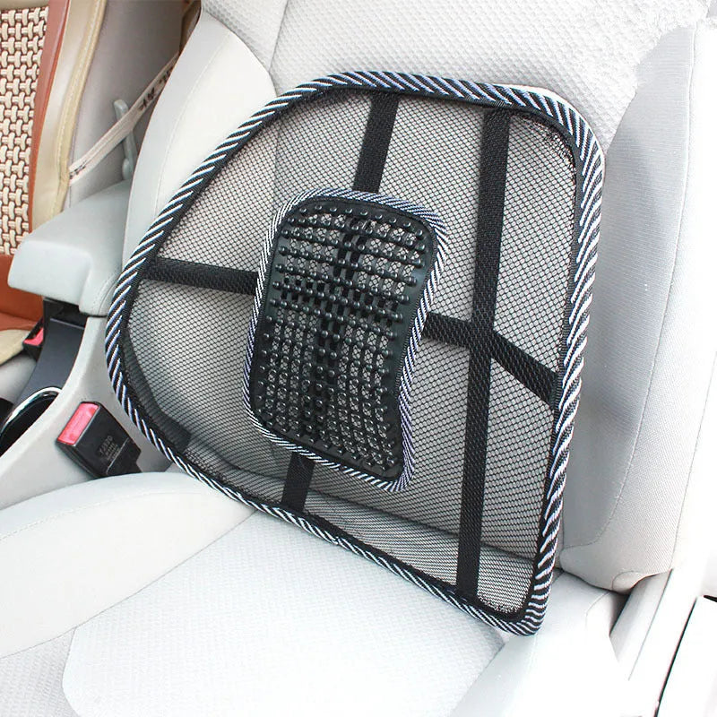 Black lumbar support pillow for car seat measuring 41 by 39 centimetres.
