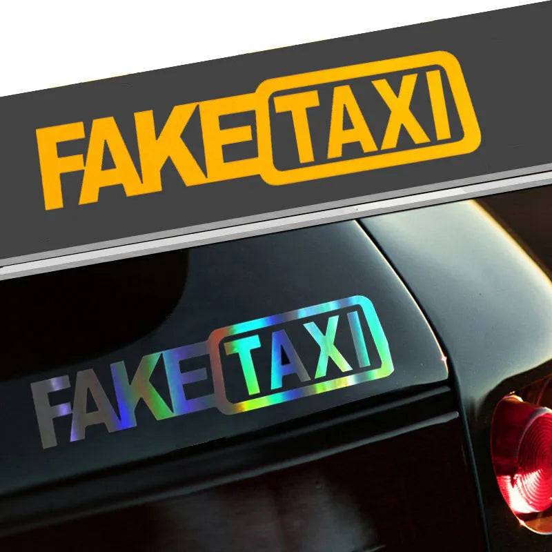 FAKE TAXI car warning sticker in black, white or yellow colour, 20 cm by 8 cm waterproof PET vehicle decal
