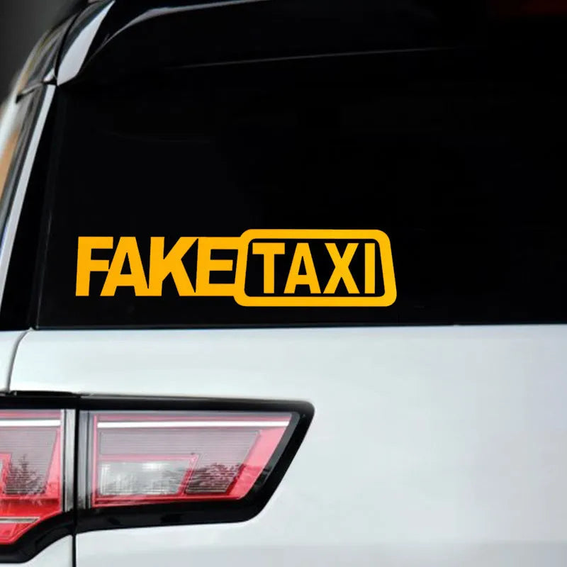 FAKE TAXI car warning sticker in black, white or yellow colour, 20 cm by 8 cm waterproof PET vehicle decal