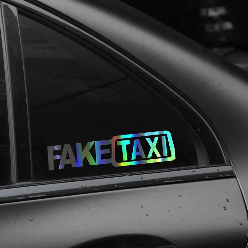 FAKE TAXI car warning sticker in black, white or yellow colour, 20 cm by 8 cm waterproof PET vehicle decal