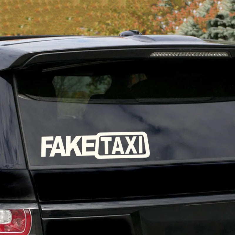 FAKE TAXI car warning sticker in black, white or yellow colour, 20 cm by 8 cm waterproof PET vehicle decal