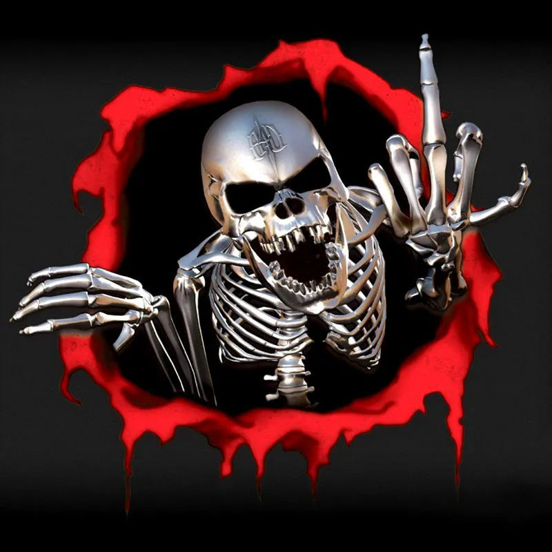 Colourful reflective metal skull design printed on a 15cm by 14cm car bumper sticker.