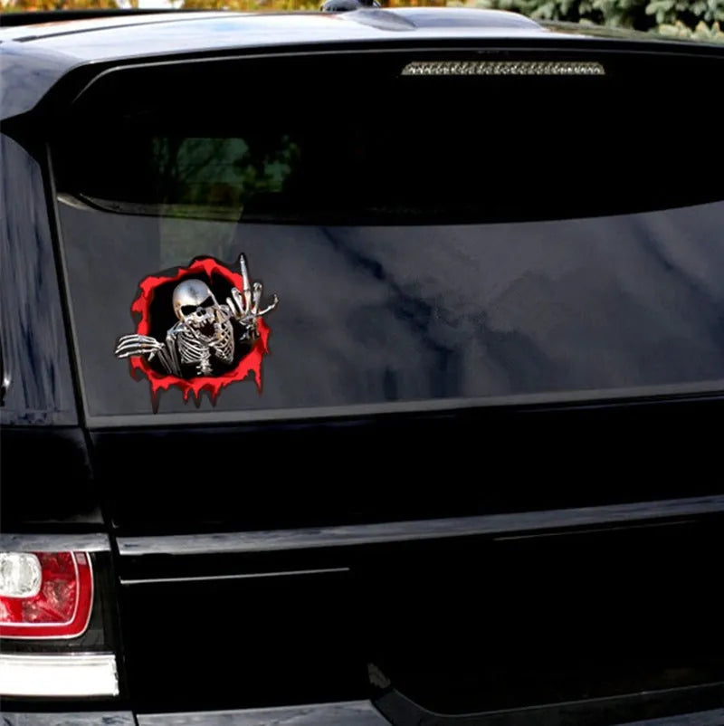 Colourful reflective metal skull design printed on a 15cm by 14cm car bumper sticker.