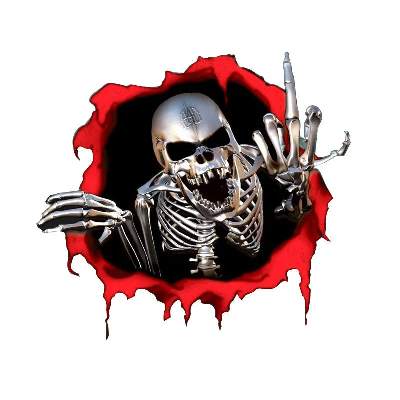 Colourful reflective metal skull design printed on a 15cm by 14cm car bumper sticker.