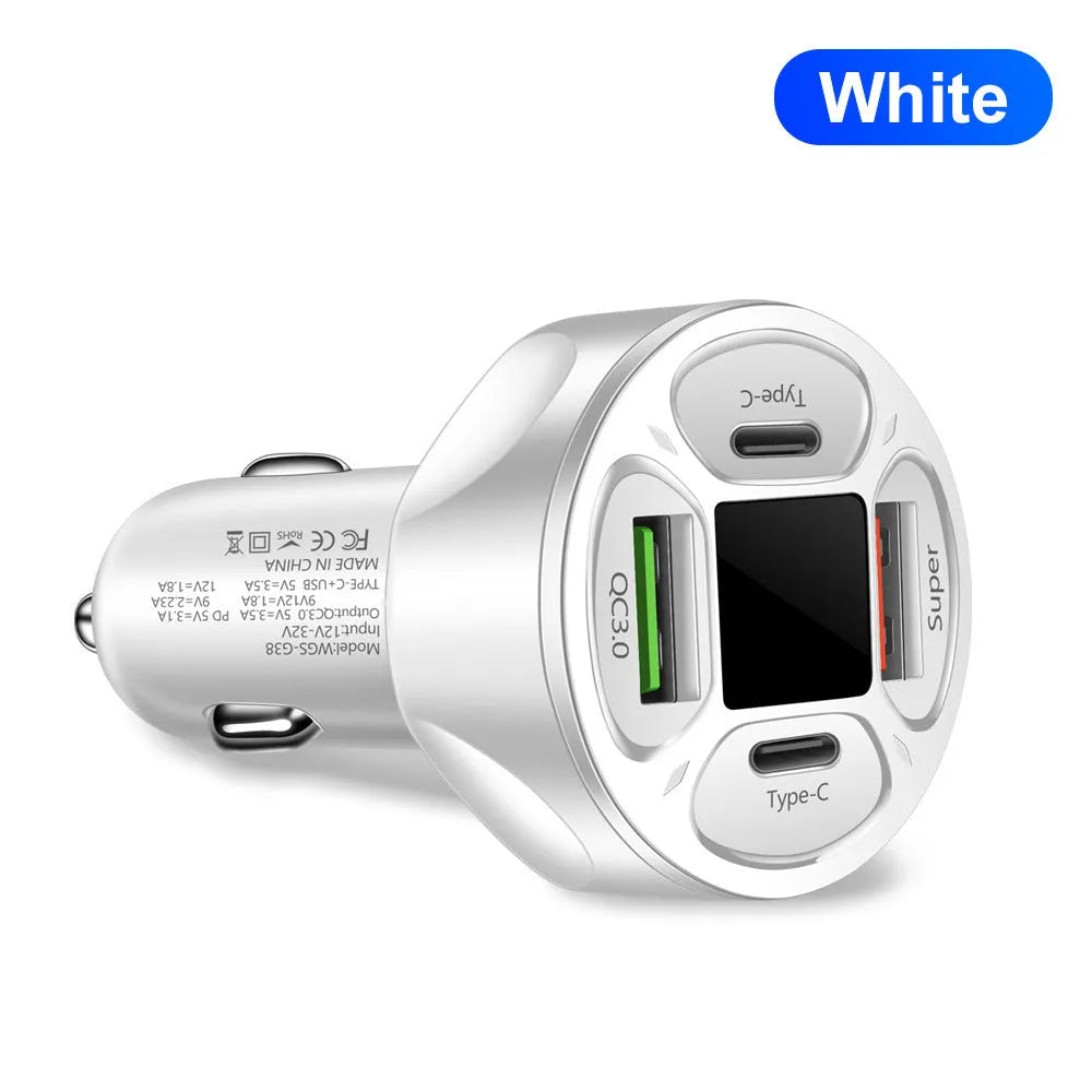66W digital display car charger with 2 USB and 2 Type-C ports showing vehicle voltage on screen
