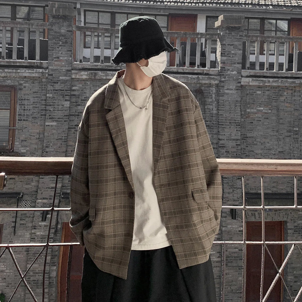 Retro casual loose plaid jacket for men in acetate fibre fabric shown flat