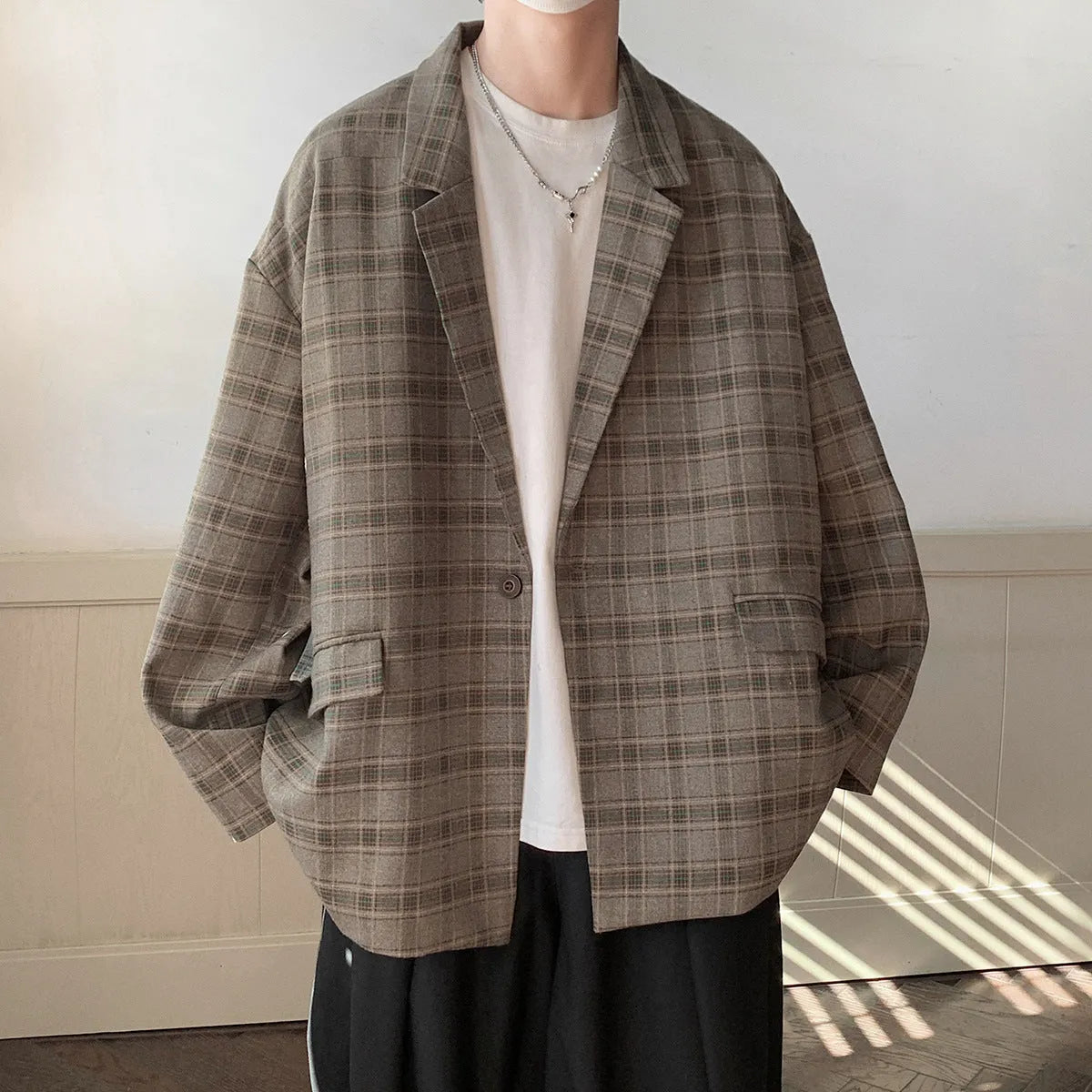Retro casual loose plaid jacket for men in acetate fibre fabric shown flat