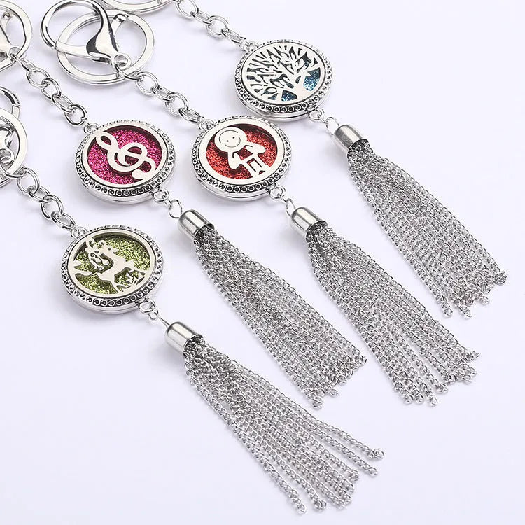 Alloy metal aromatherapy car pendant on a 50cm chain, showing 12mm round scent box, 28mm size.