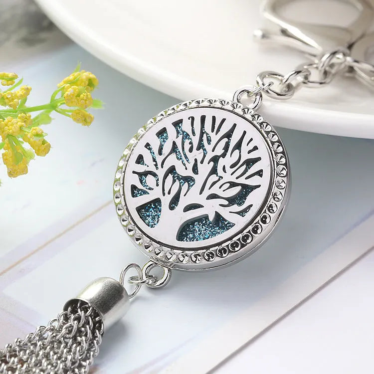 Alloy metal aromatherapy car pendant on a 50cm chain, showing 12mm round scent box, 28mm size.