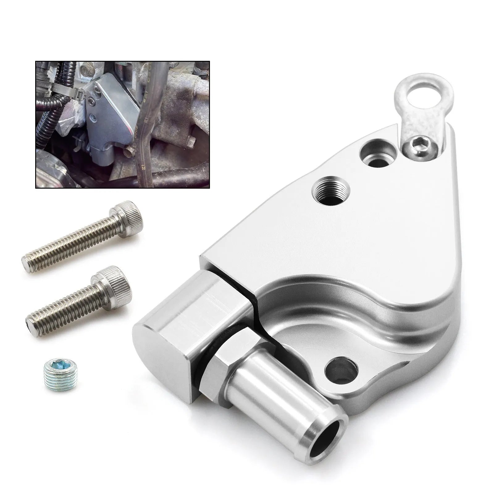 Aluminium intake manifold coolant adapter for Honda K20 K24 engines showing ports and mounting surfaces
