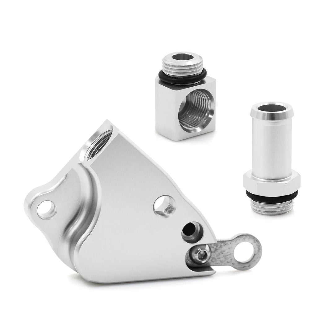 Aluminium intake manifold coolant adapter for Honda K20 K24 engines showing ports and mounting surfaces