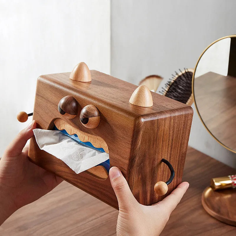 Cartoon bee and monster design wooden tissue box in walnut beech wood.