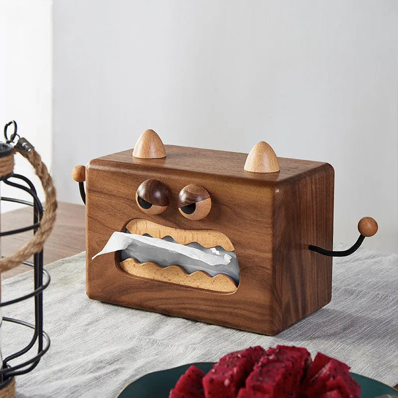 Cartoon bee and monster design wooden tissue box in walnut beech wood.