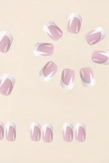 24 white square artificial nails with plaid pattern arranged in box