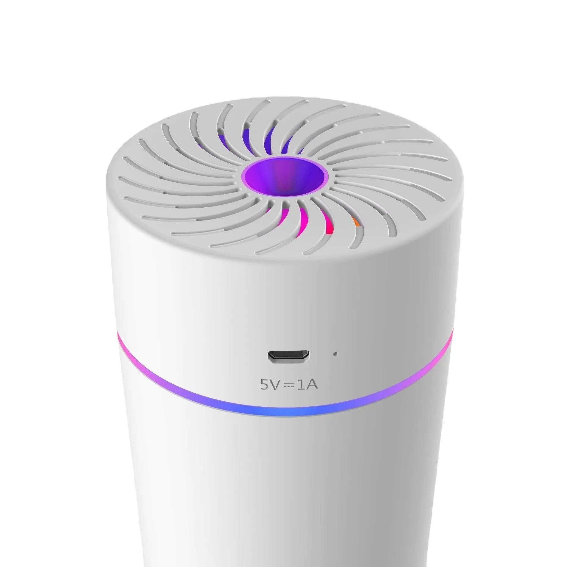 Compact white car USB mini humidifier with aromatherapy function positioned in vehicle cup holder