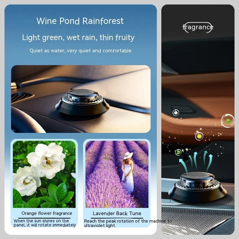 Solar-powered kinetic car air freshener with rotating double ring diffuser in black plastic