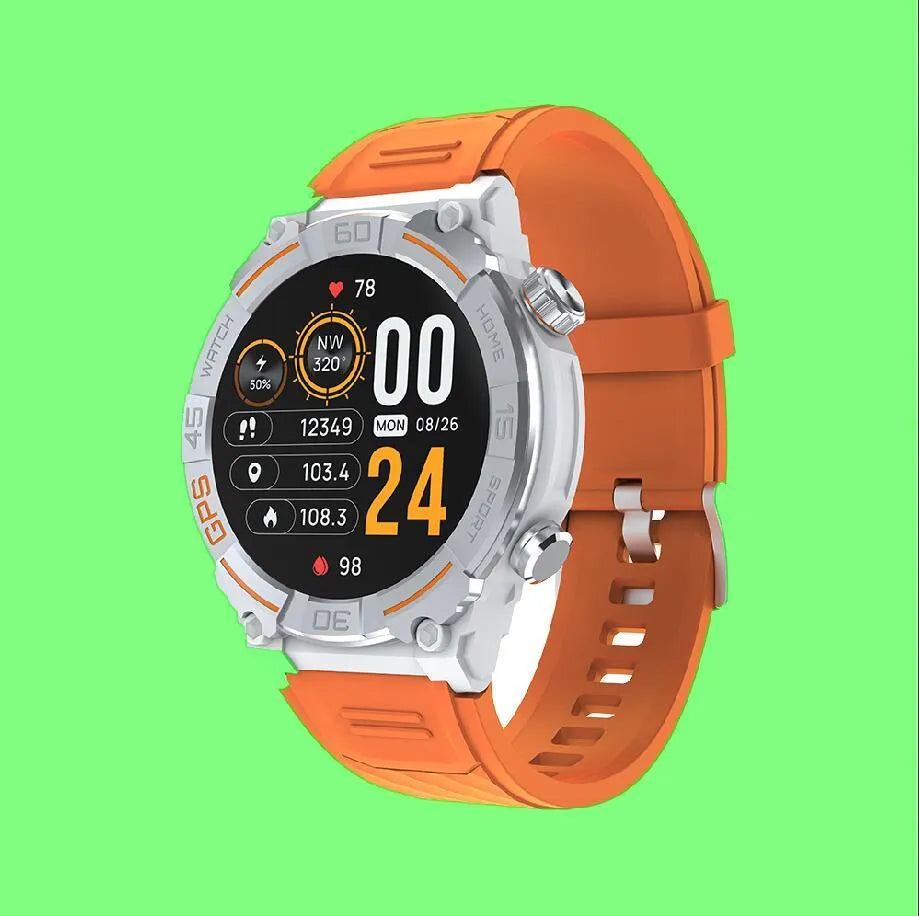 MG02 smart watch in black, khaki, or silver orange with TFT touch screen displaying health metrics