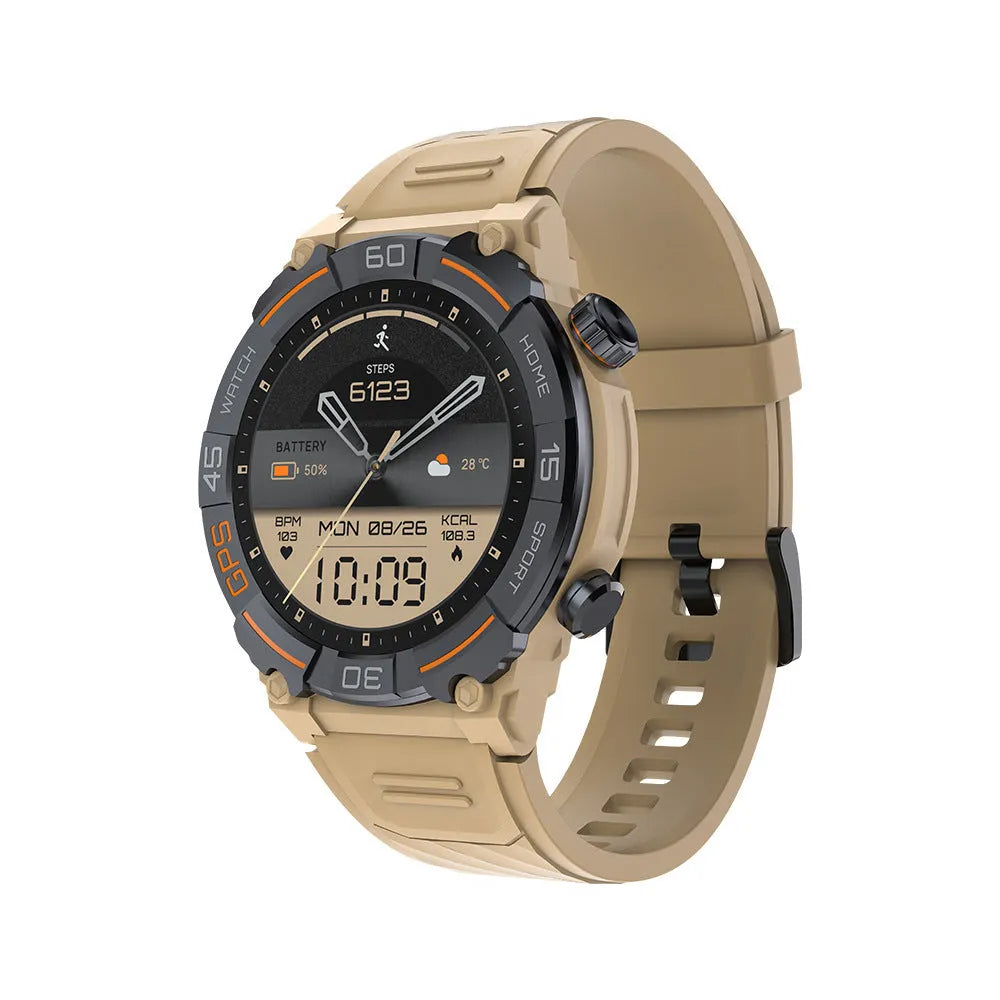 MG02 smart watch in black, khaki, or silver orange with TFT touch screen displaying health metrics