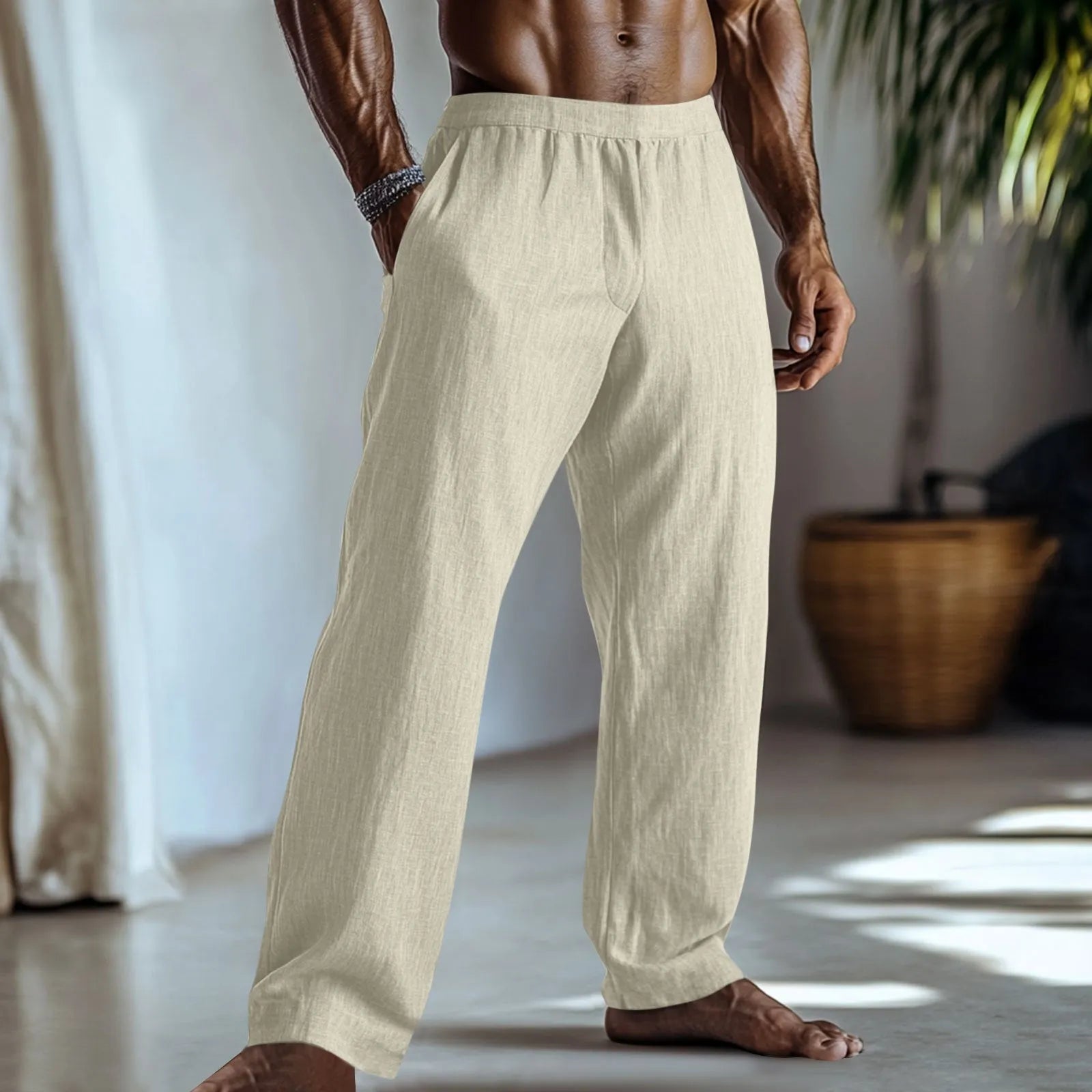 Men's straight-leg cotton linen casual trousers in light green, shown with pockets.