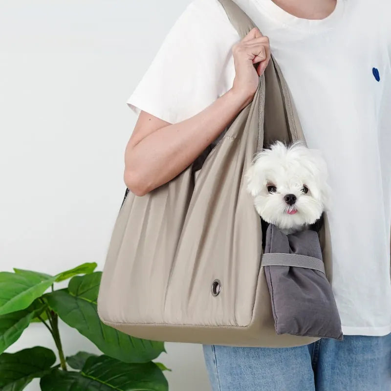 Apricot cloth pet carrier handbag with dimensions 41x16x28 cm for small dog or cat transport