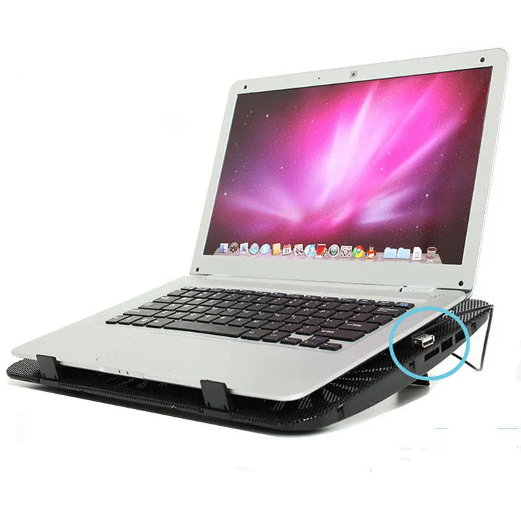 Aluminium notebook cooling base with 140mm exhaust fan in black on desk under a laptop