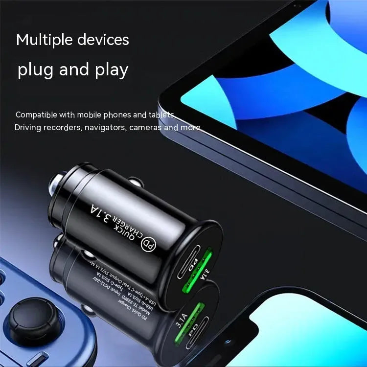 Black and white dual-port car charger with USB-A and USB-C ports for 12V vehicle sockets
