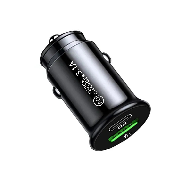 Black and white dual-port car charger with USB-A and USB-C ports for 12V vehicle sockets