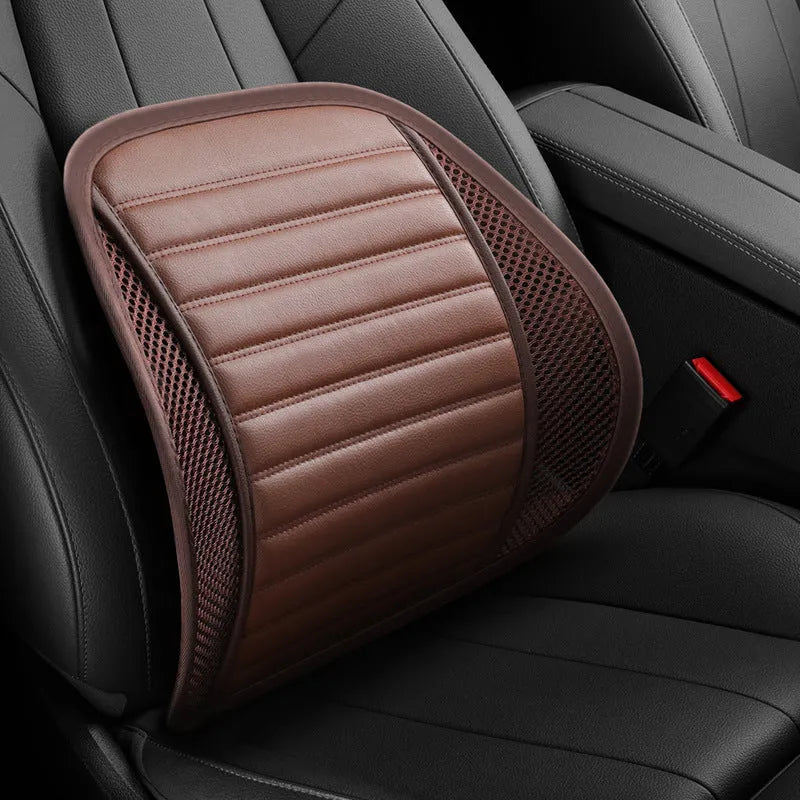 Genuine leather car lumbar support cushion shown in sapphire blue colour