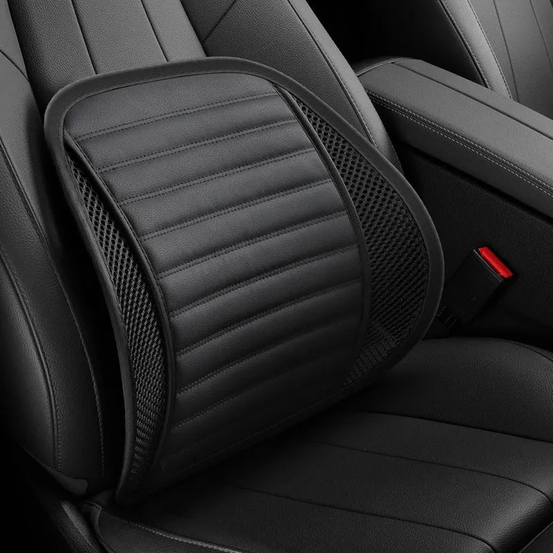 Genuine leather car lumbar support cushion shown in sapphire blue colour