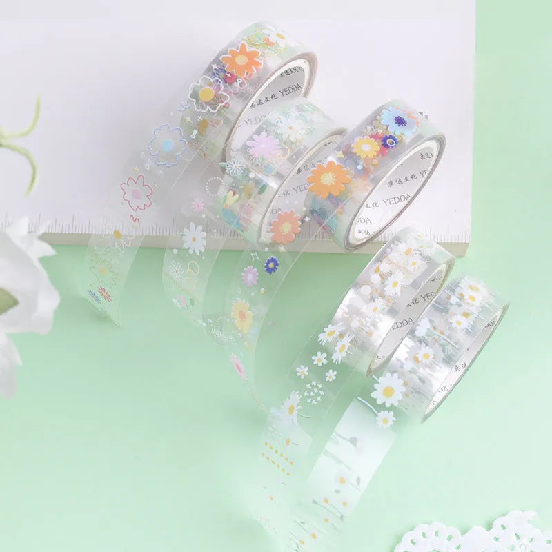Five rolls of transparent decorative tape with colourful Midsummer Daisy cartoon designs