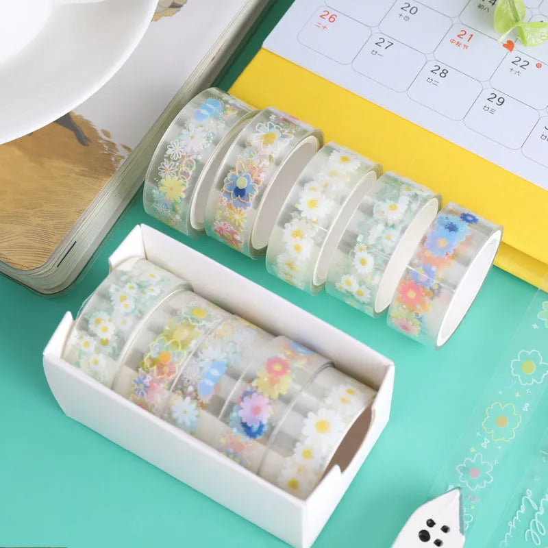 Five rolls of transparent decorative tape with colourful Midsummer Daisy cartoon designs