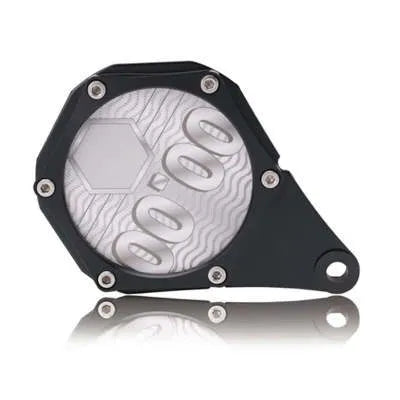 Black carbon fibre pattern motorcycle tax seal with six-corner anti-theft screw, metal alloy construction