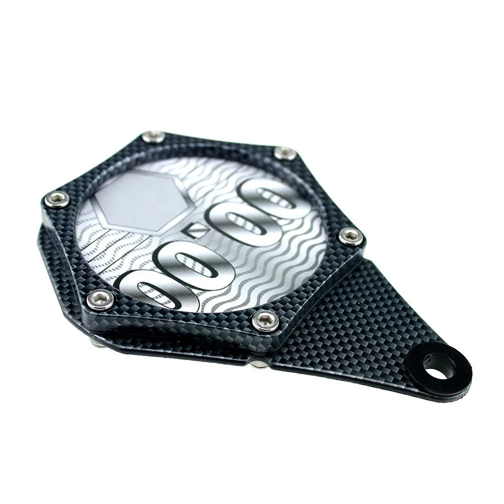 Black carbon fibre pattern motorcycle tax seal with six-corner anti-theft screw, metal alloy construction