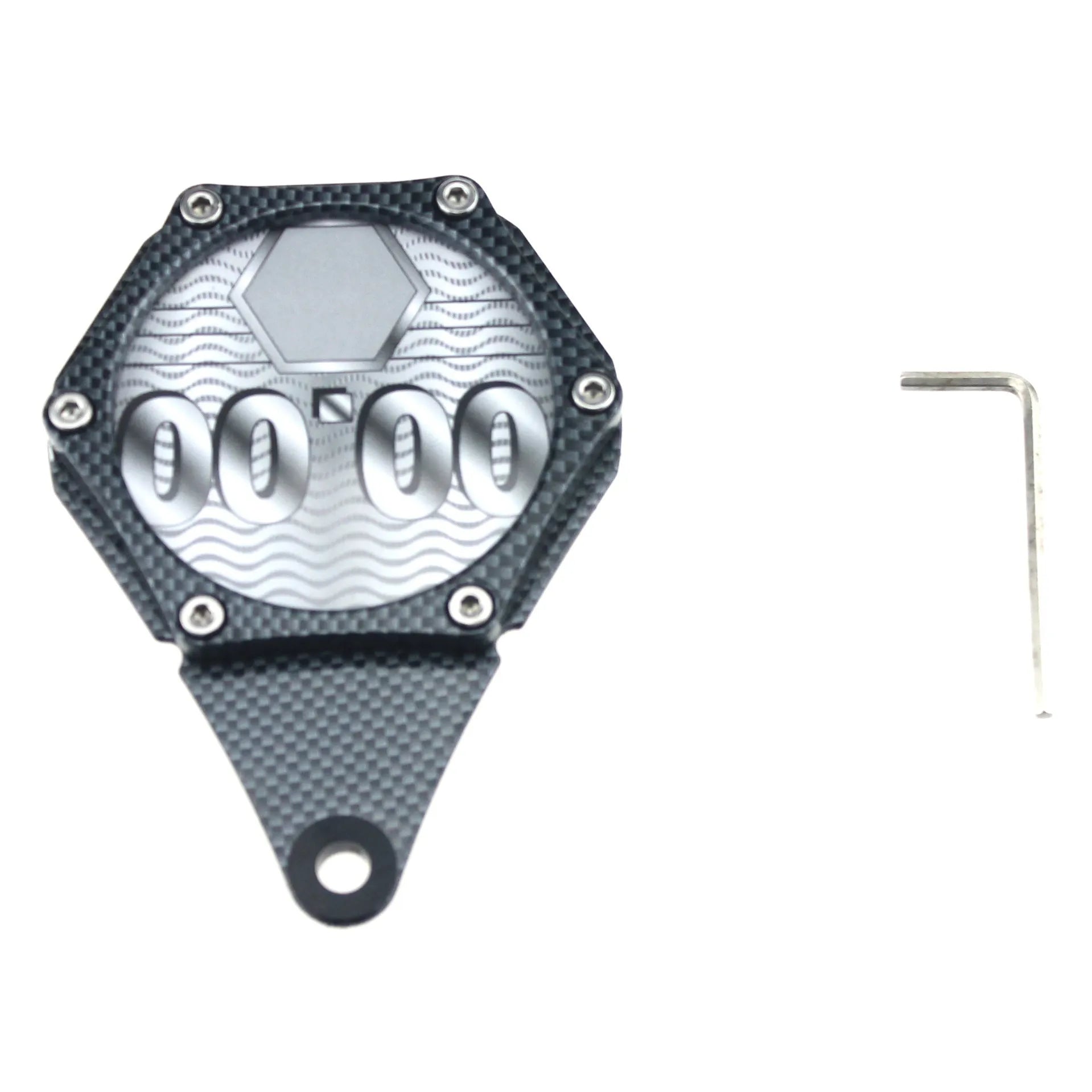 Black carbon fibre pattern motorcycle tax seal with six-corner anti-theft screw, metal alloy construction