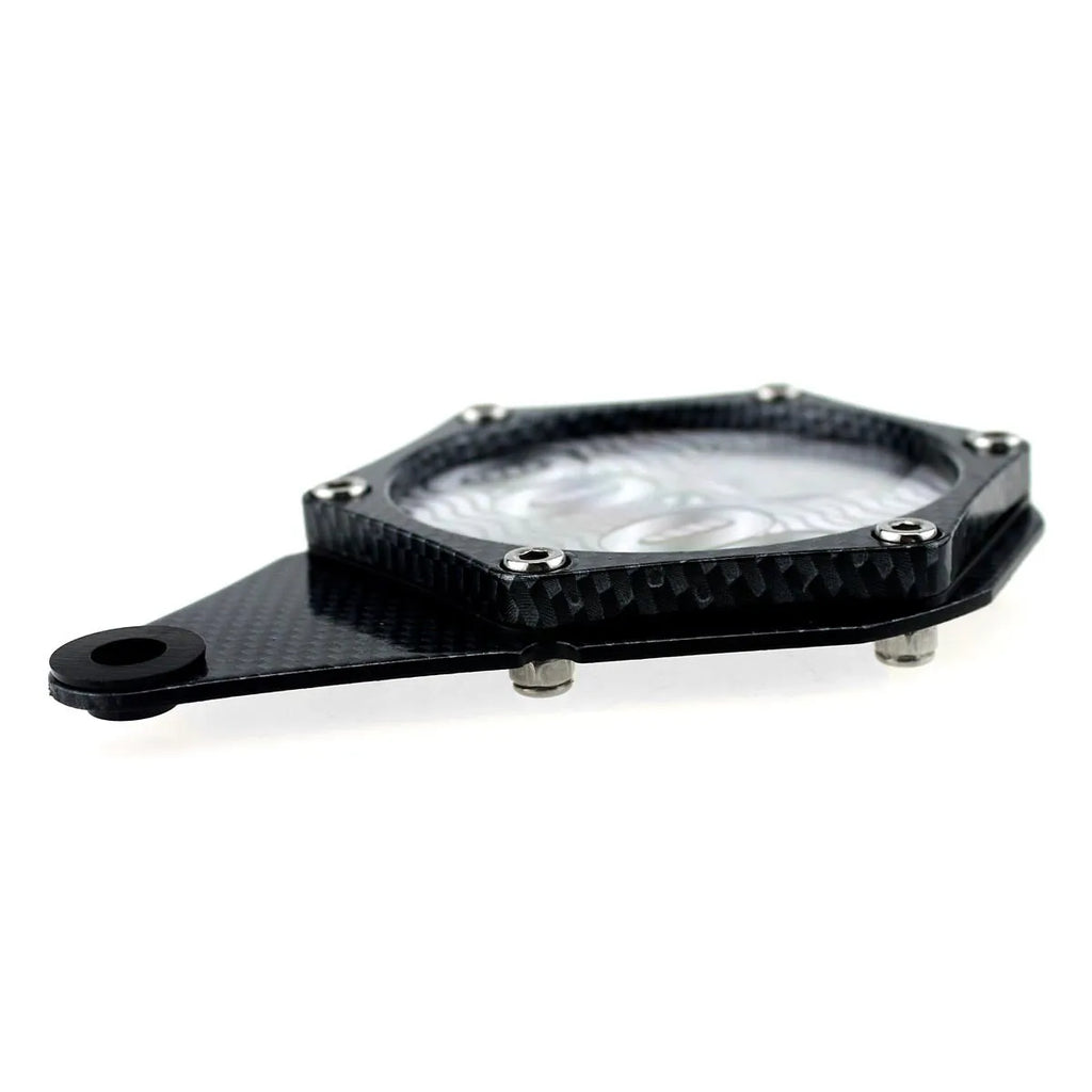 Black carbon fibre pattern motorcycle tax seal with six-corner anti-theft screw, metal alloy construction