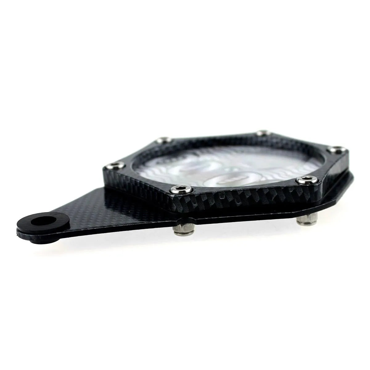 Black carbon fibre pattern motorcycle tax seal with six-corner anti-theft screw, metal alloy construction