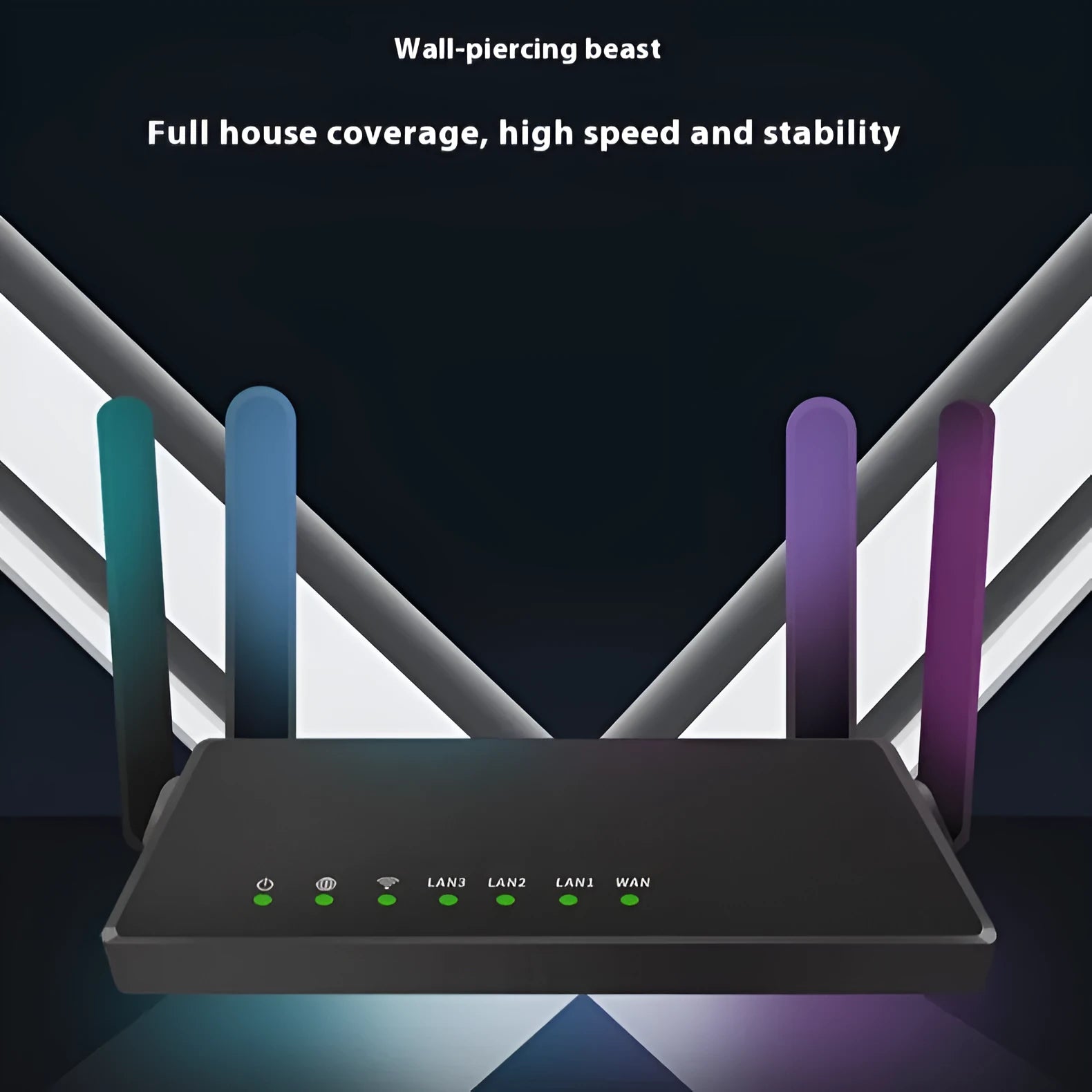 White 300Mbps wireless router with black antennas placed on a desk, size 26 x 6 x 6 cm