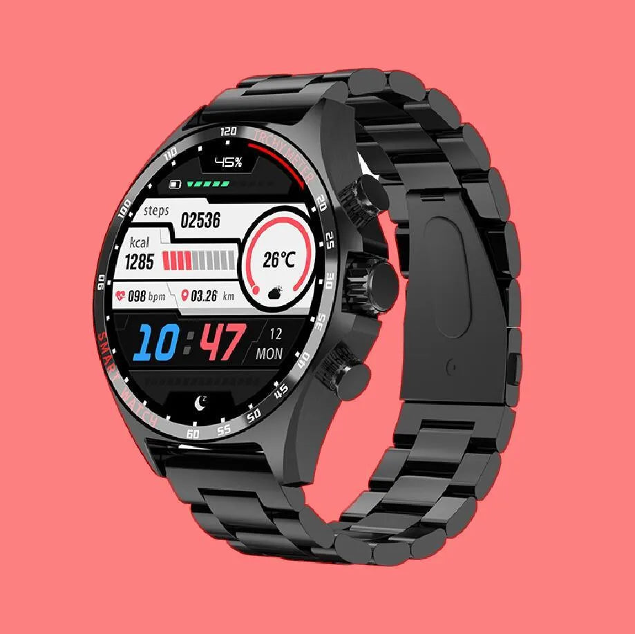 Smart watch with touchscreen display showing health metrics, available in black, silver, and gold colours