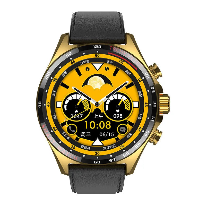 Smart watch with touchscreen display showing health metrics, available in black, silver, and gold colours