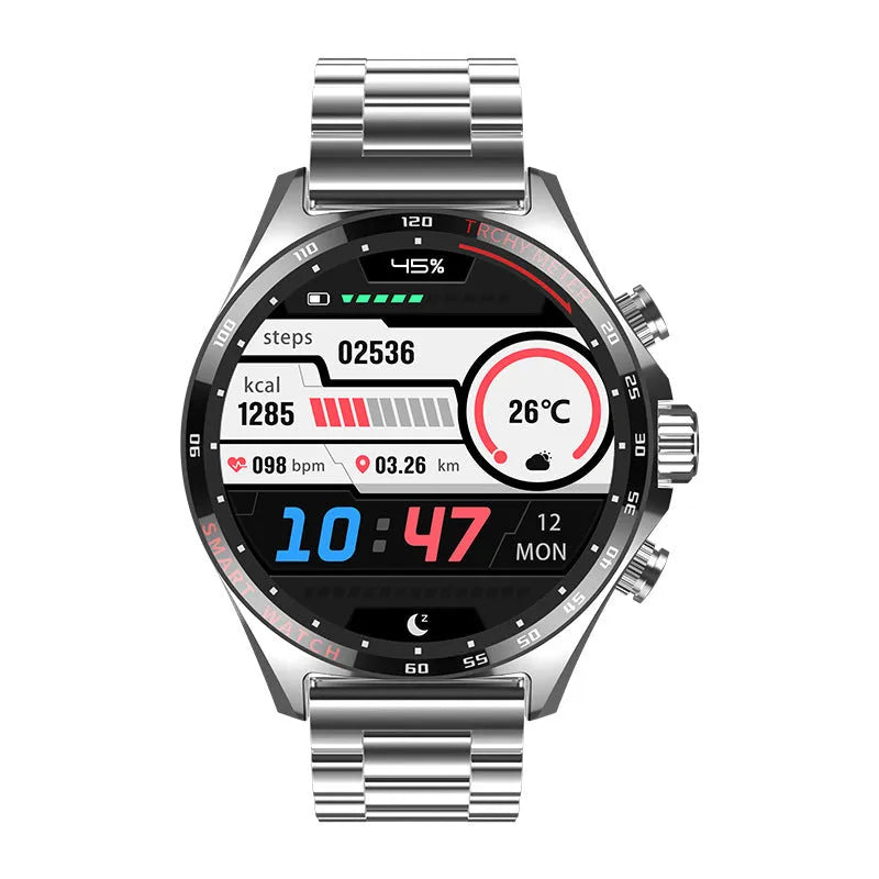 Smart watch with touchscreen display showing health metrics, available in black, silver, and gold colours