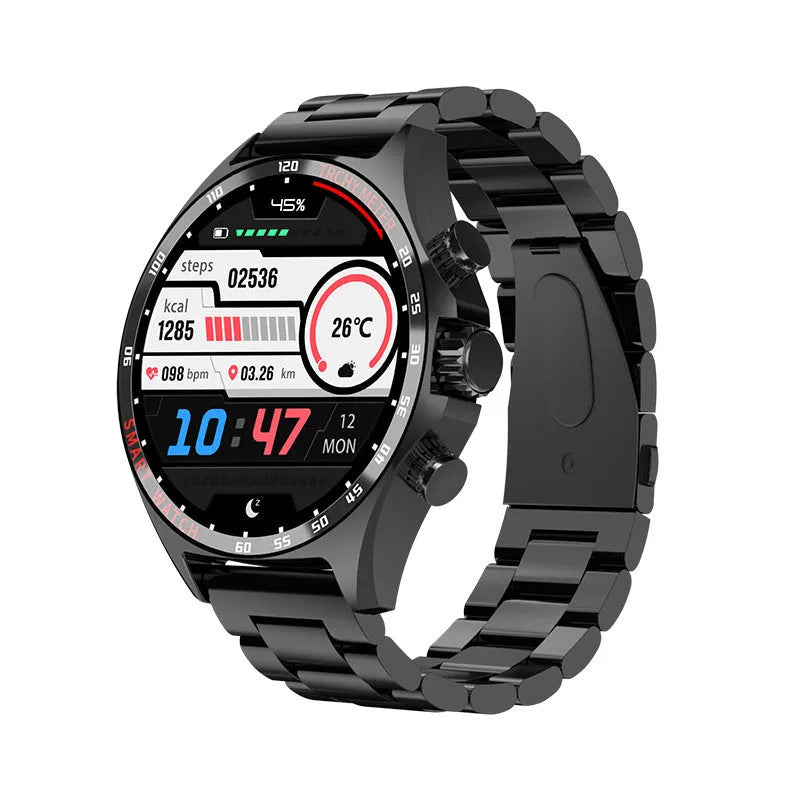 Smart watch with touchscreen display showing health metrics, available in black, silver, and gold colours